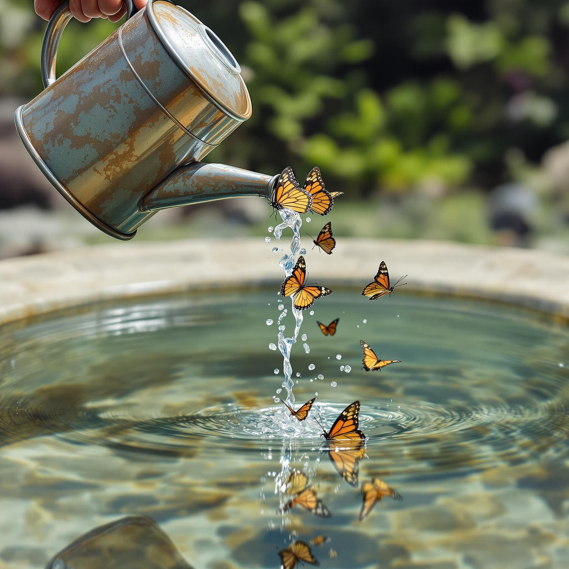 AI generated: A watering Can pouring down butterflies onto a clear pool of water