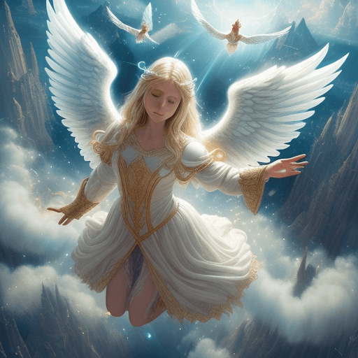 AI generated: Perfectly-centered photograph of a real life godly ((angel)) with wings descending from (((heaven)))...