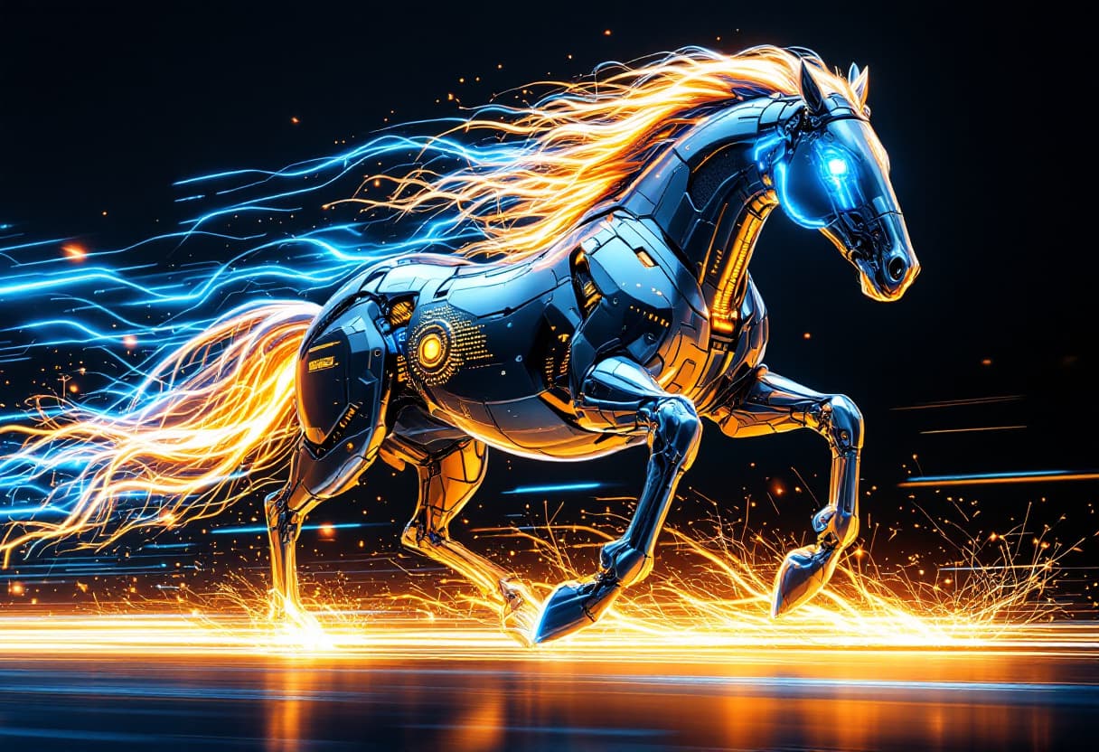 AI generated: A Futurist Speed Demon horse, sleek metallic body with glowing circuits, mane transformed into blazi...