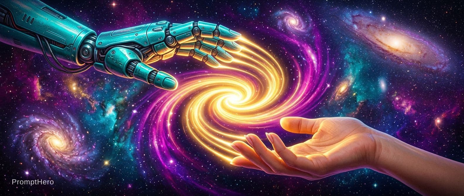 AI generated: 2 Hands. Hand 1: Robot hand, colour turquois metal, relaxed open, palm downward. Hand 2: Human, fema...