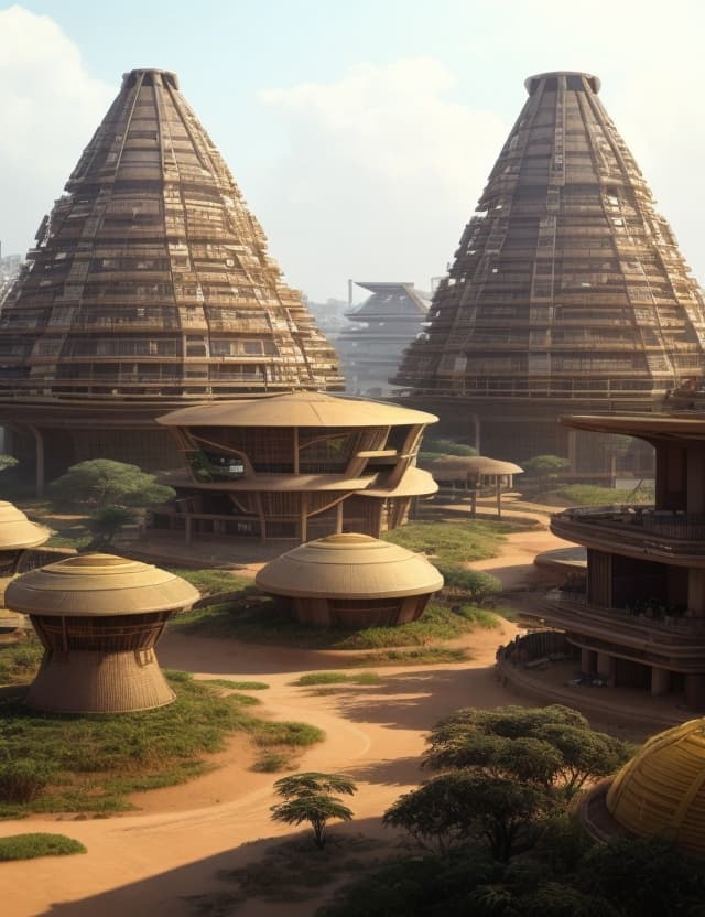 AI generated: a beautiful african futuristic urban city based on the architecture of a bamiléké tribe in cameroon