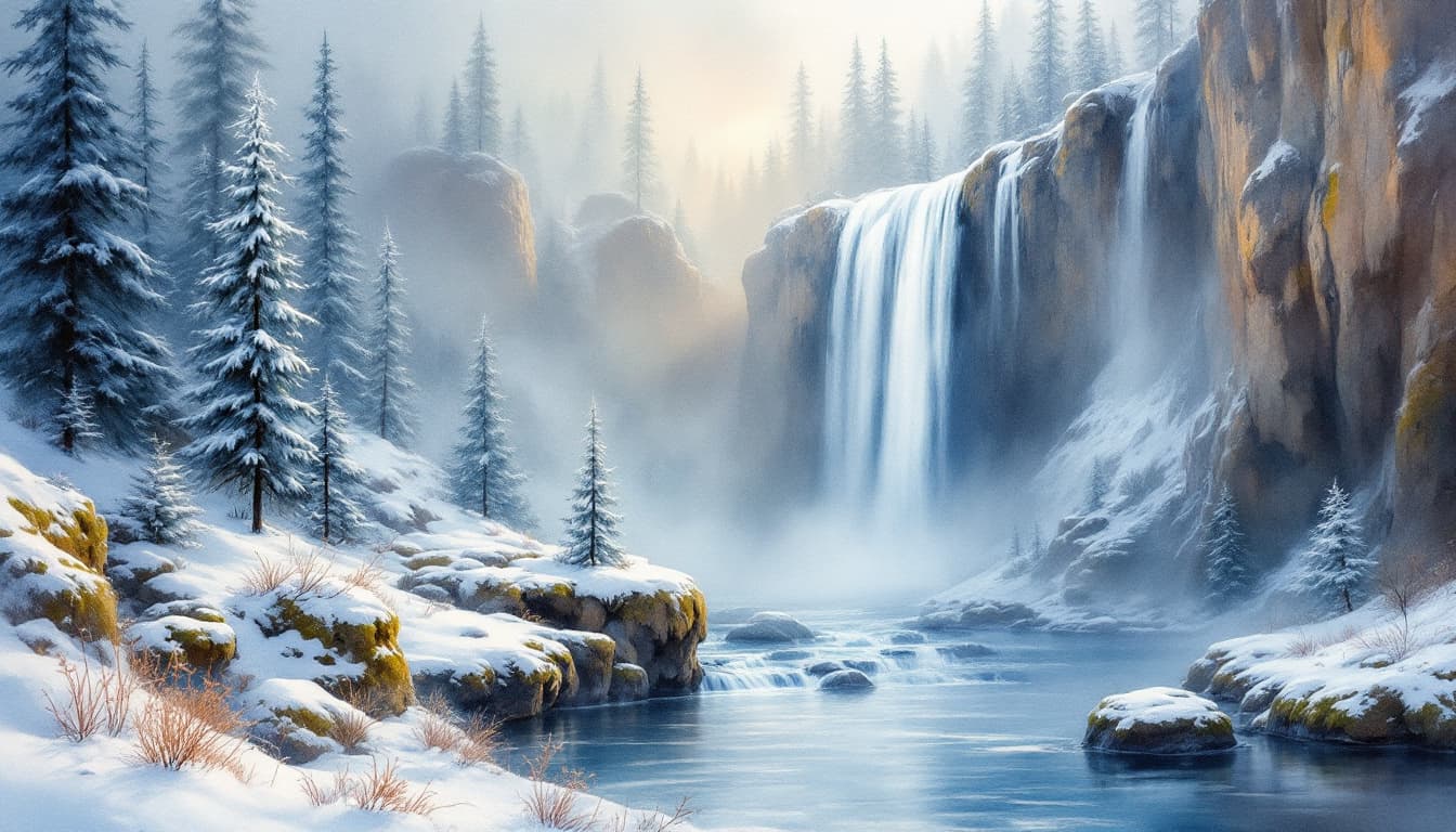 AI generated: Airbrushed watercolor painting, serene winter landscape, majestic waterfall, delicate lace-like pine...