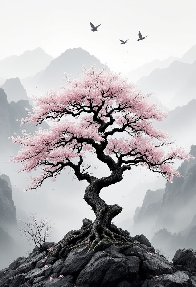 AI generated: Traditional Japanese cherry tree with a naturally twisted trunk and realistic branch structure. The ...