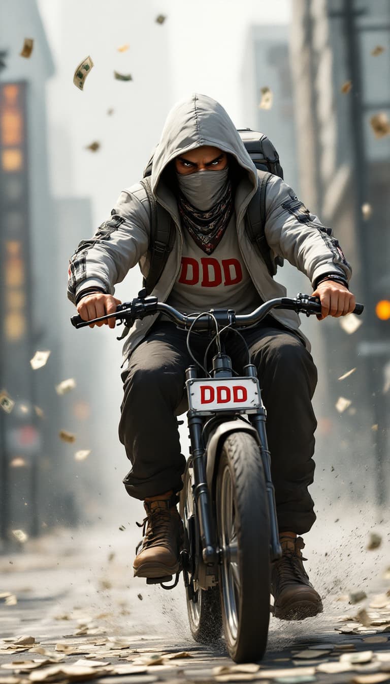 AI generated: Full body shoot image of an animation male hooded character with covered mouth bandana ridding a ele...
