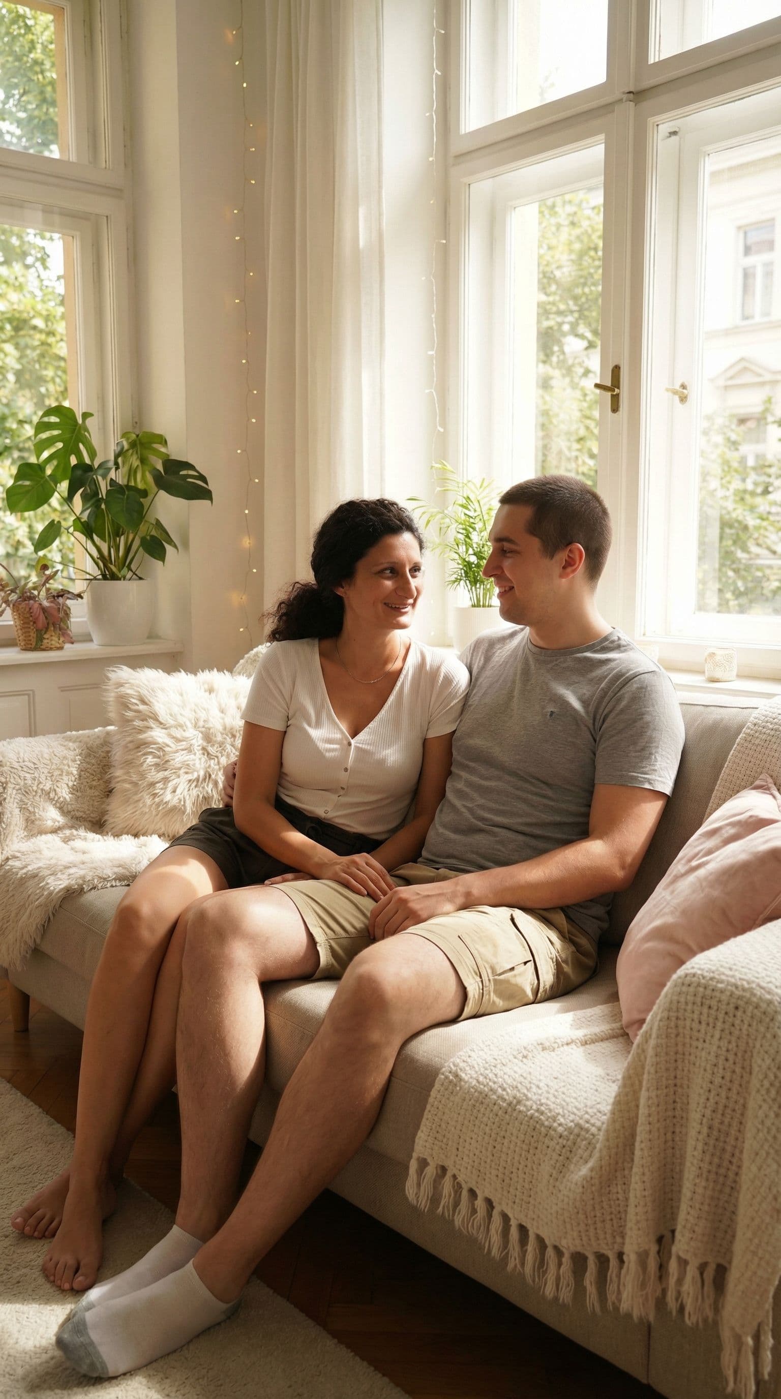 AI generated: Create us two together in a bright romantic room. We are in a home clothings, woman is wearing short...
