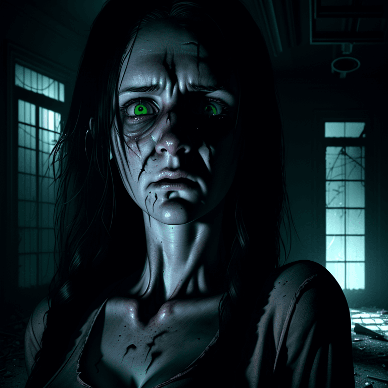 AI generated: an ultra realistic portrait of a scared female ghost hunter, investigating an abandoned eerie mental...