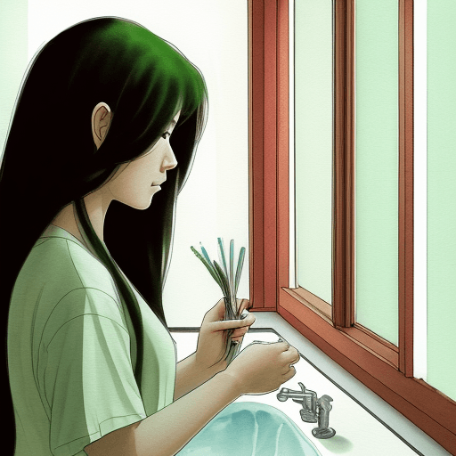 AI generated: bathroom, (side view:1.5), A long-haired Taiwanese woman, (window Backlight :2.5), (bright white bac...