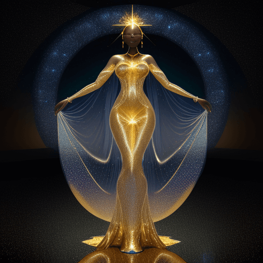 AI generated: 3d rendering Oshun's gown is a dazzling spectacle, crafted from mylar that shimmers like liquid sunl...