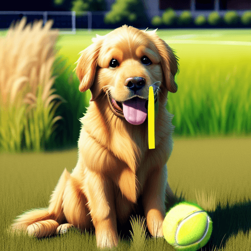 AI generated: Pixar style, golden retriever, sitting in field, eating tennis ball, realistic 
