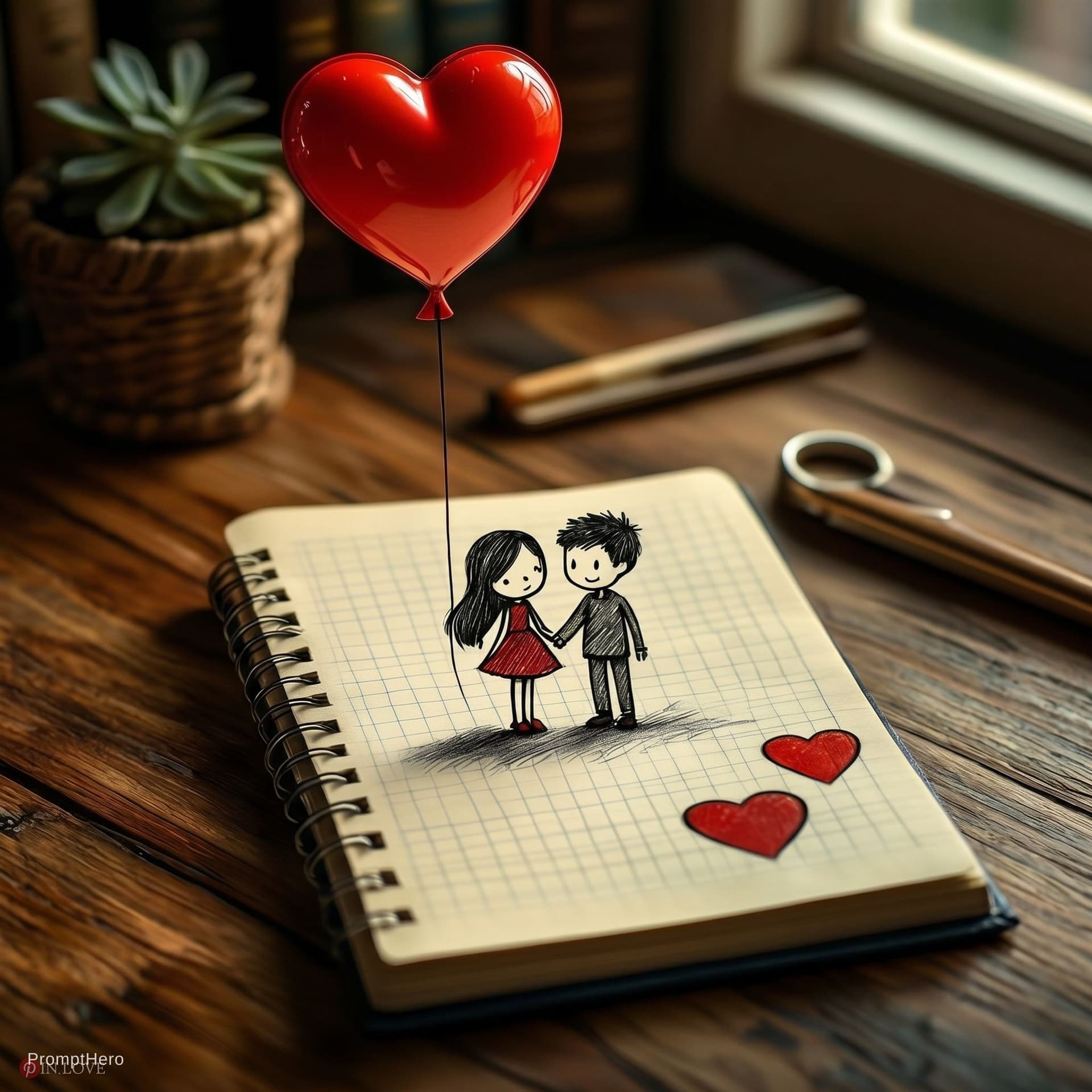 AI generated: A charming doodle of a young couple holding hands. The girl has long black hair and wears a simple r...