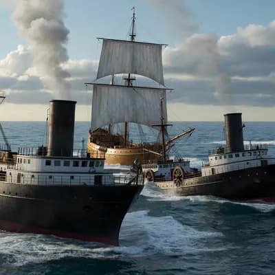 AI generated video: crea un video de varios barcos de vapor y de vela undiendose en el mar