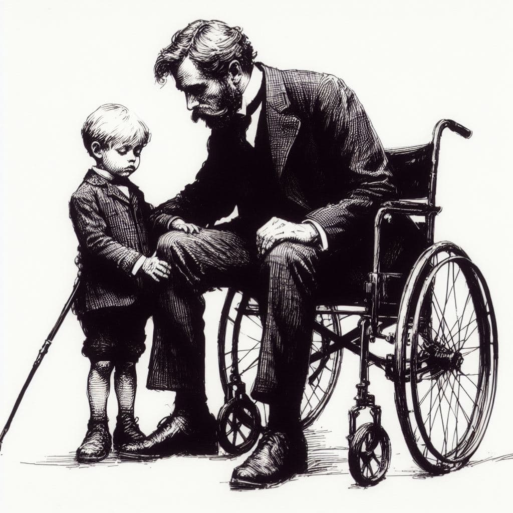 AI generated: Germany 1920s, "Father and son", cartoon drawing in the style of E.O.Plauen and Käthe Kollwitz