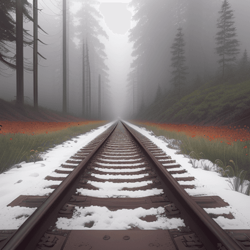 AI generated: perspective looking down a long railway track in the fog in summer, eerily falling through an evergr...