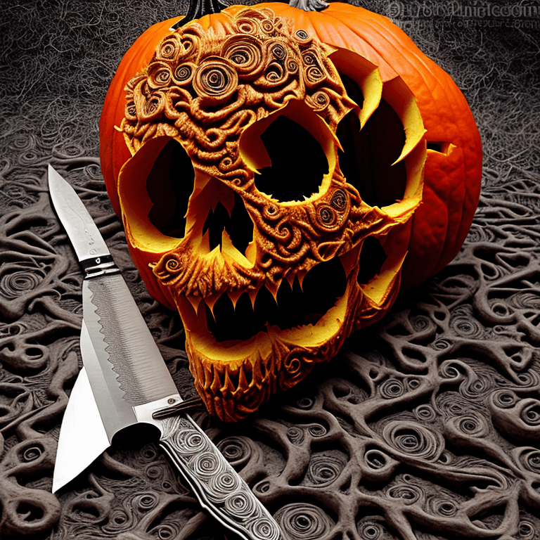 AI generated: Skull Pumpkin head monster using a knife to carve a/Hyperreal Recursive Face Pattern, Surreal Trippy...