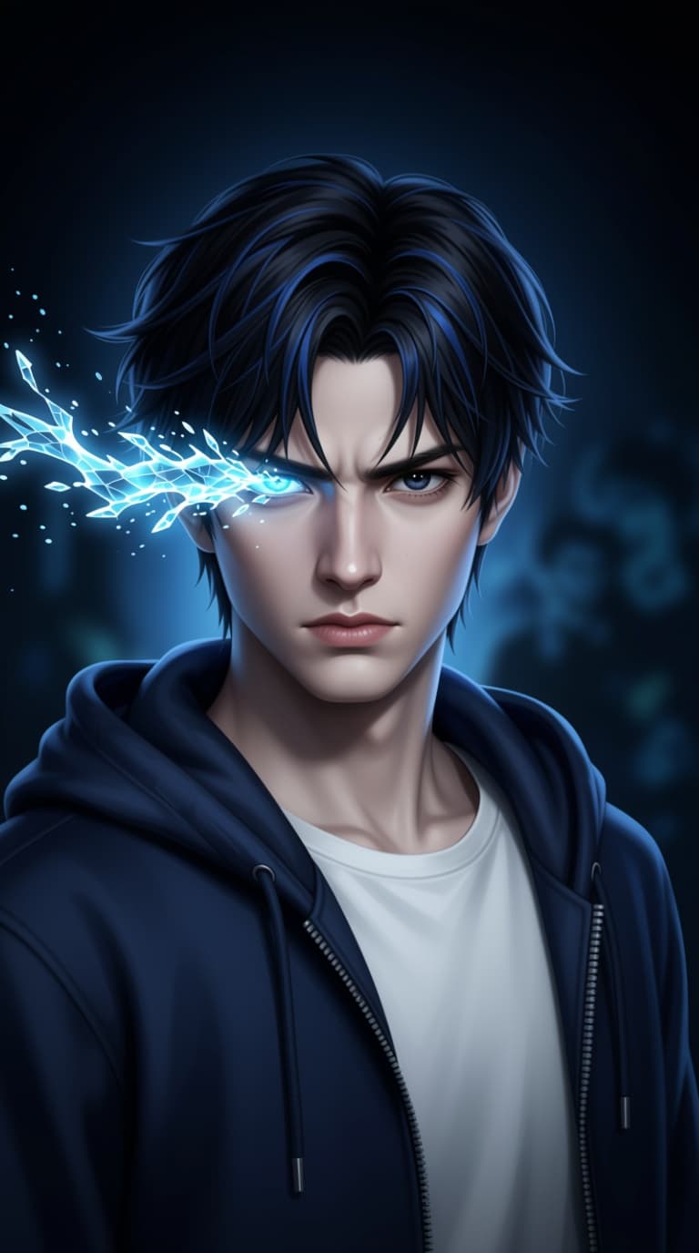 AI generated: A photo-realistic portrait of Sung Jin-Woo from Solo Leveling, looking intensely at the viewer with ...