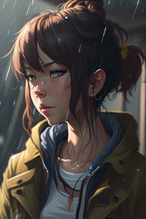 AI generated: girl sitting in the rain with her head tilted back, with short hair, raining, profile of girl, raini...
