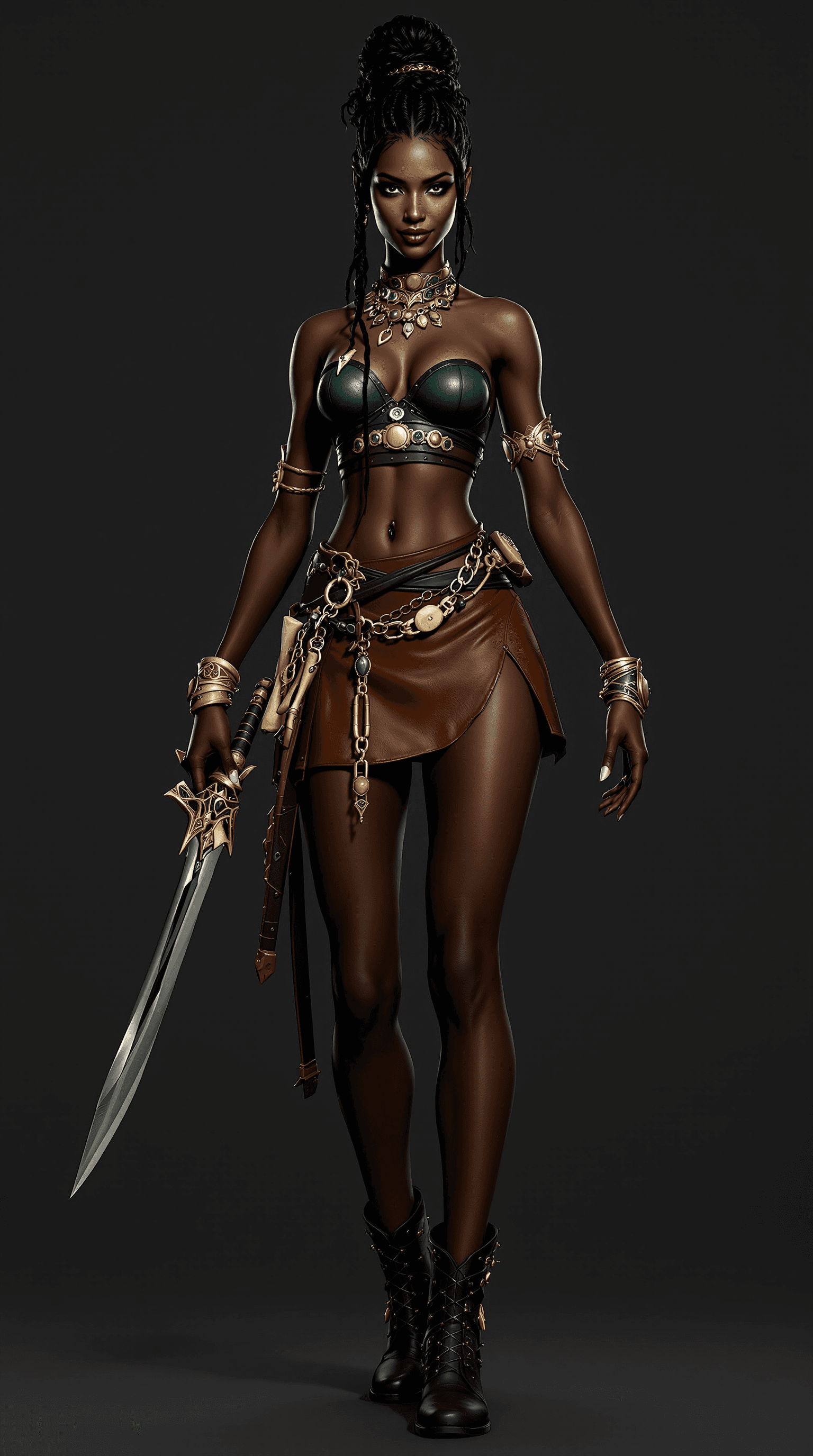 AI generated:  A highly detailed CGI or photo artwork featuring a slender, dark-skinned woman with a confident, dy...