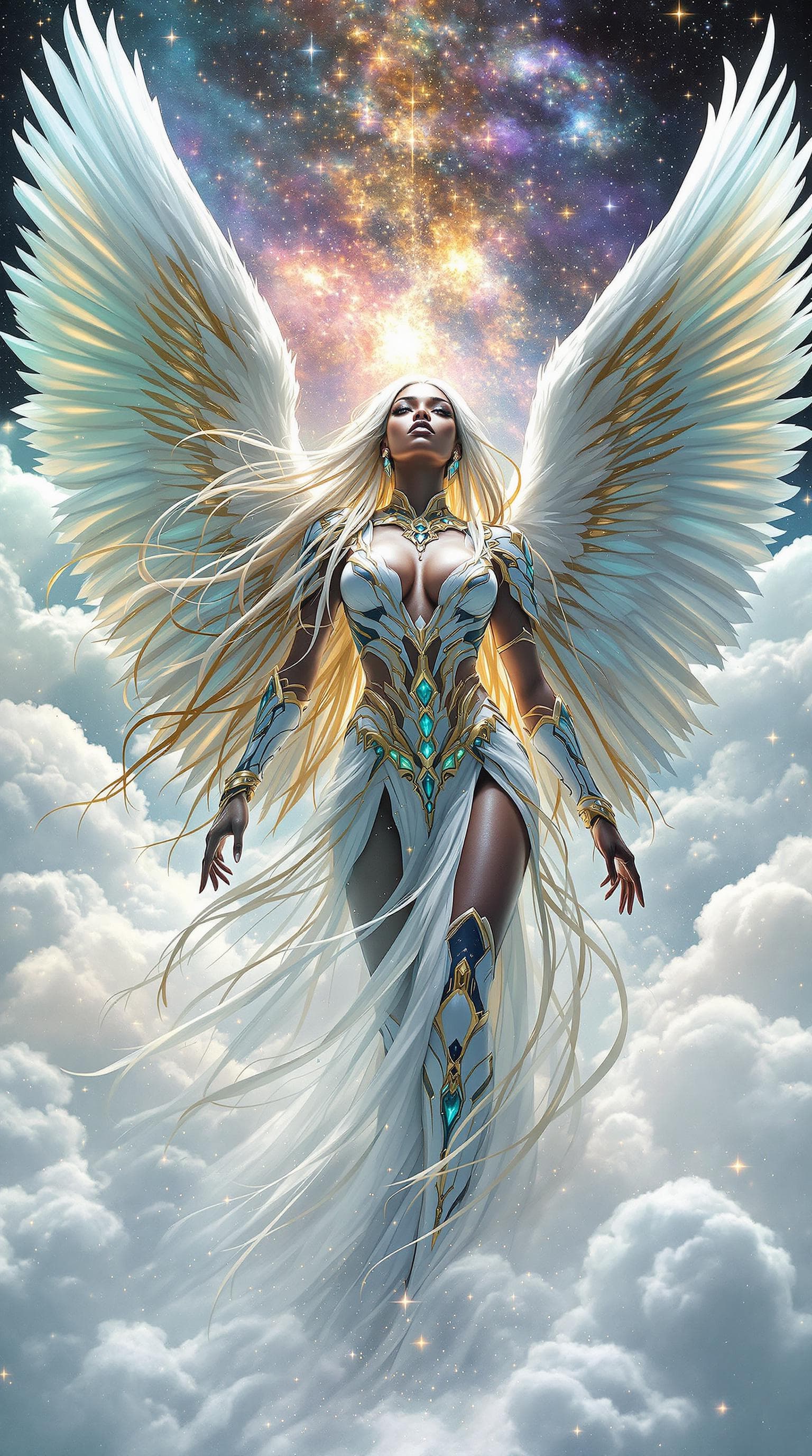 AI generated: Sci professional artwork, ultra-fine 3D details, full body archangel wings open, pointing totally up...