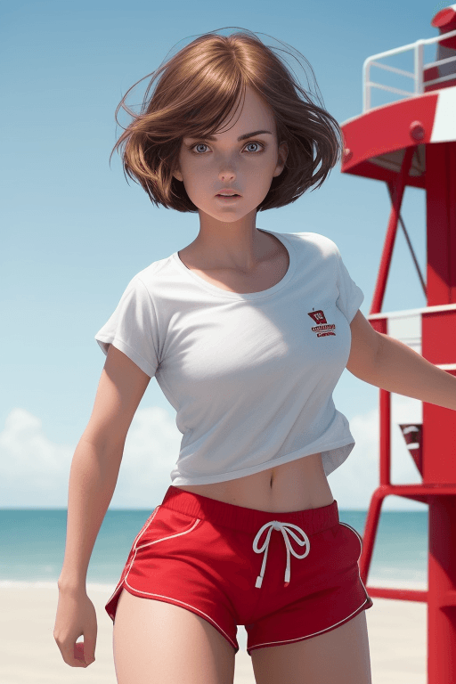 AI generated: 1girl, (full body), (action shot), (dynamic pose), (a girl as a lifeguard wearing a plain white shir...
