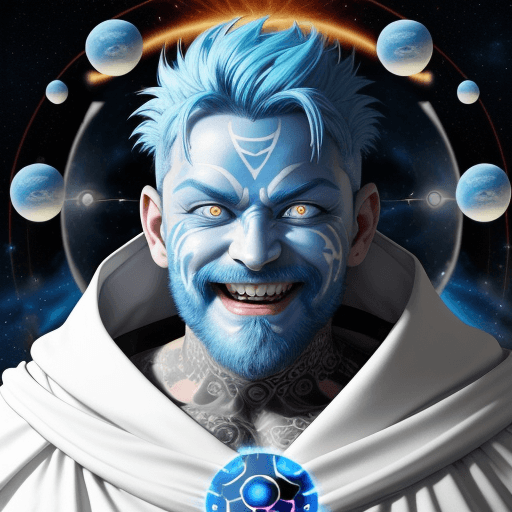 AI generated: Face of a godman with short blue hair, bright blue and white eyes. He is looking straight ahead with...