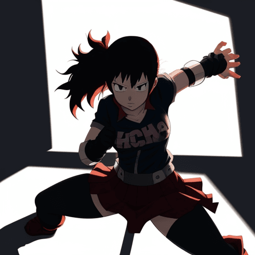 AI generated: manga, anime, horikoshi kouhei, my hero academia, girl in fighting stance with shadows around her