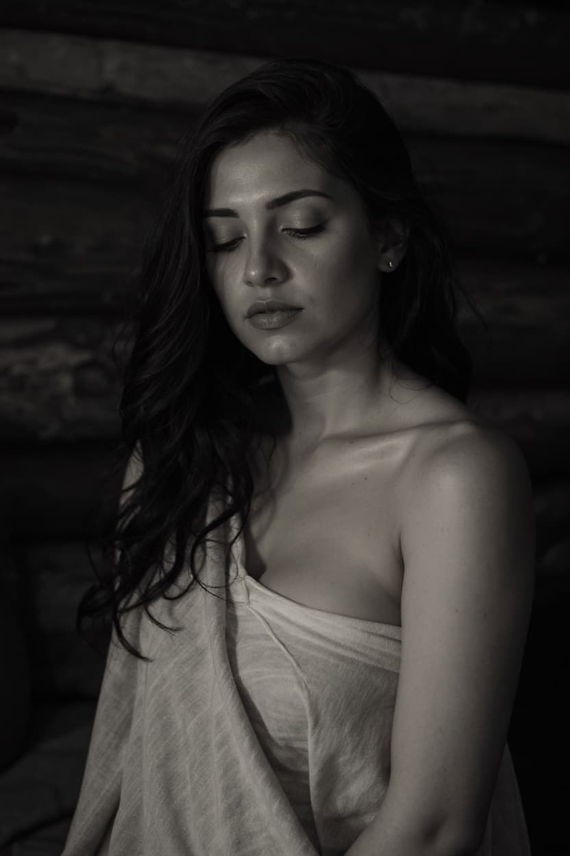 AI generated: A hyperrealistic, fine art black-and-white portrait capturing an introspective moment, with a woman ...