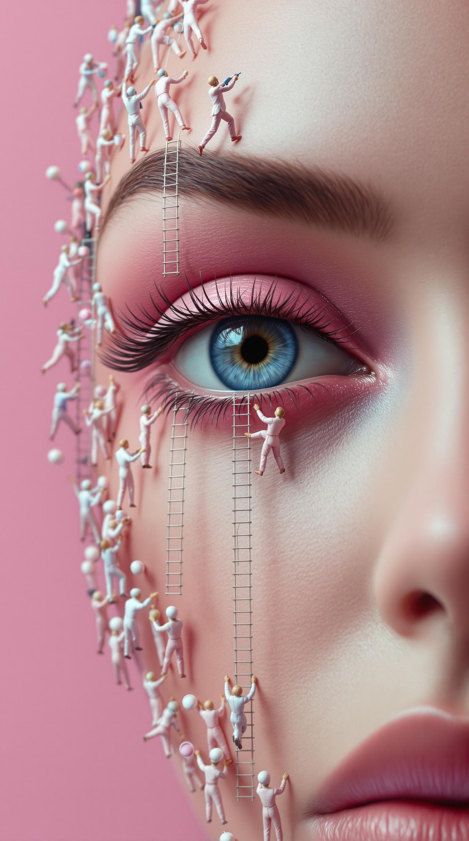 AI generated: Create a Real Eye of a Model Face - A real photo of numerous tiny people, reminiscent of midgets, pe...