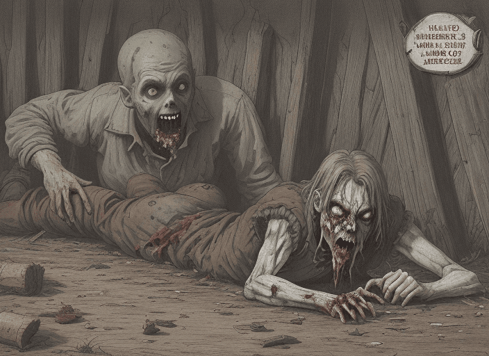 AI generated: a zombie lying on the ground, the zombie is eating an animal, the zombie is wearing medieval woodcut...