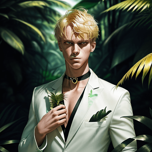 AI generated: The image is an illustration of a young man standing in a tropical forest. He is wearing a white sui...