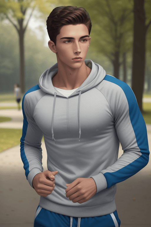 AI generated: Photo of fit young man in sportswear jogging in park listening to music (original photo, best qualit...