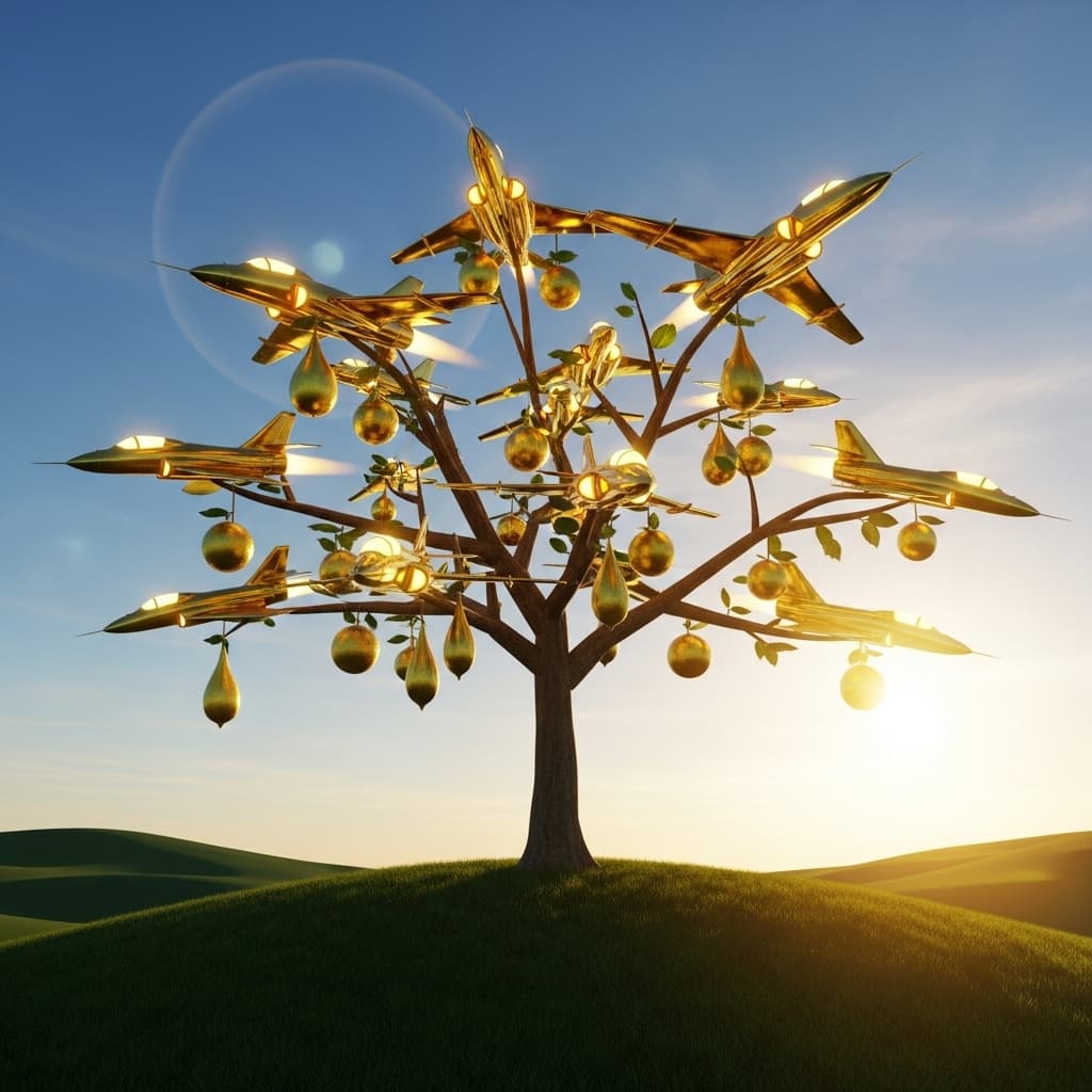 AI generated: A tree of golden jets and golden fruits on a green hill