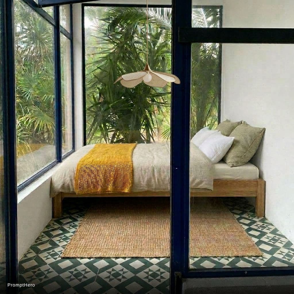 AI generated: Add this lamp hanging over the bed in the centre of the room but small and in dimension. to what wou...