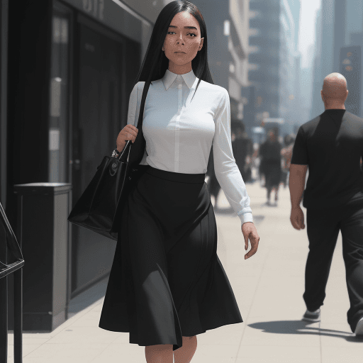 AI generated: The image features a  woman wearing a black shirt and black skirt, walking down a street while carry...