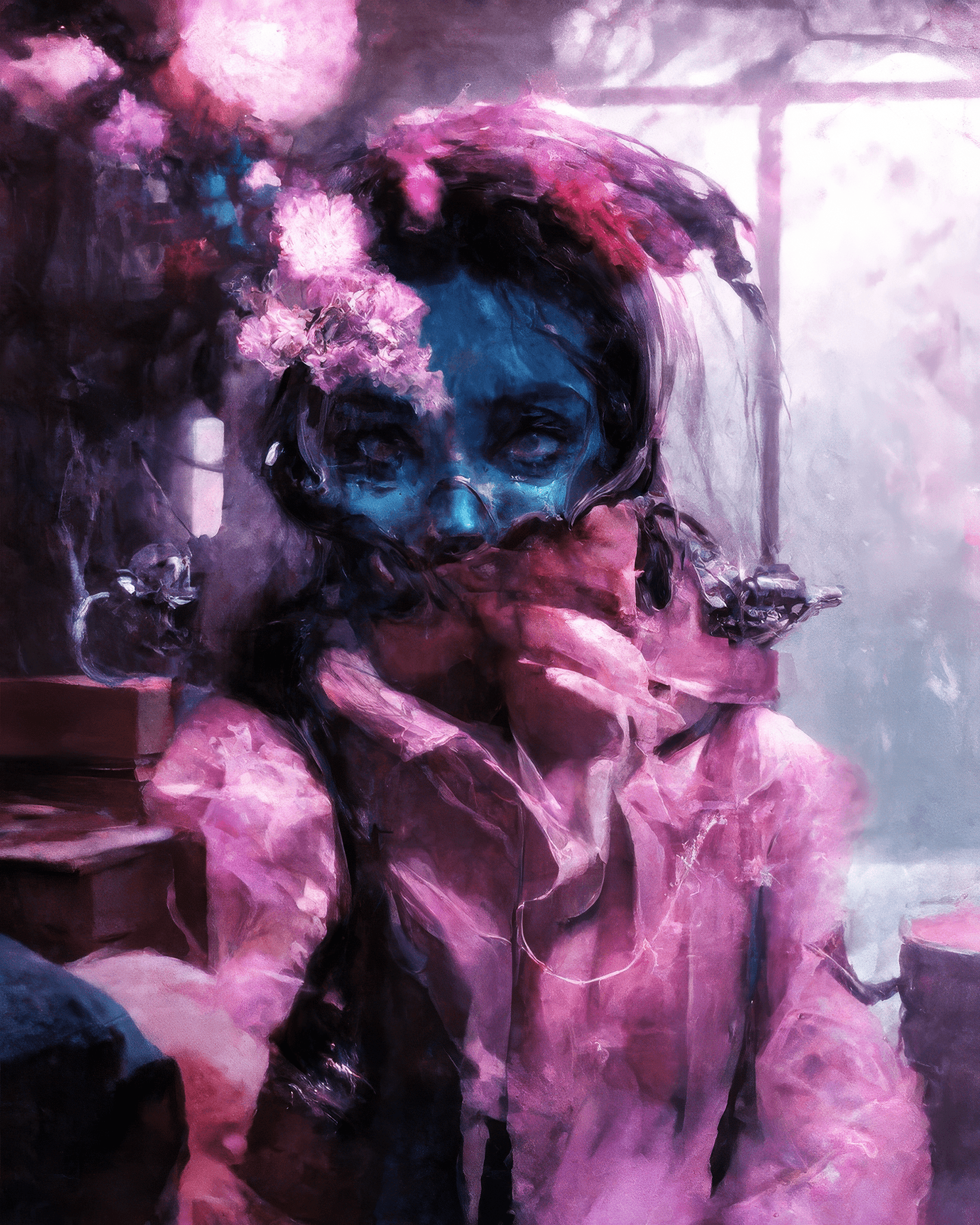 AI generated: blue faced woman with delicate silver trompe l'oeil flowers, pale textured background
A highly deta...
