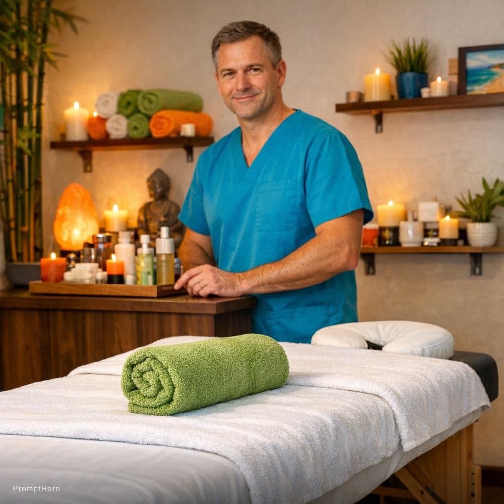 AI generated: Take a photo of a massage parlor, which shows a massage table, in the background, a male masseur of ...