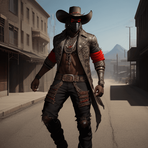 AI generated: angry black male rapper, red eyes, pose, mask, full body, street, wild west, cowboy, intricate artwo...