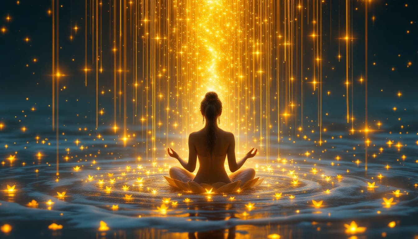 AI generated: godesses
in a serenity state meditating calmly in lotus flower..receiving golden rain from milky way...