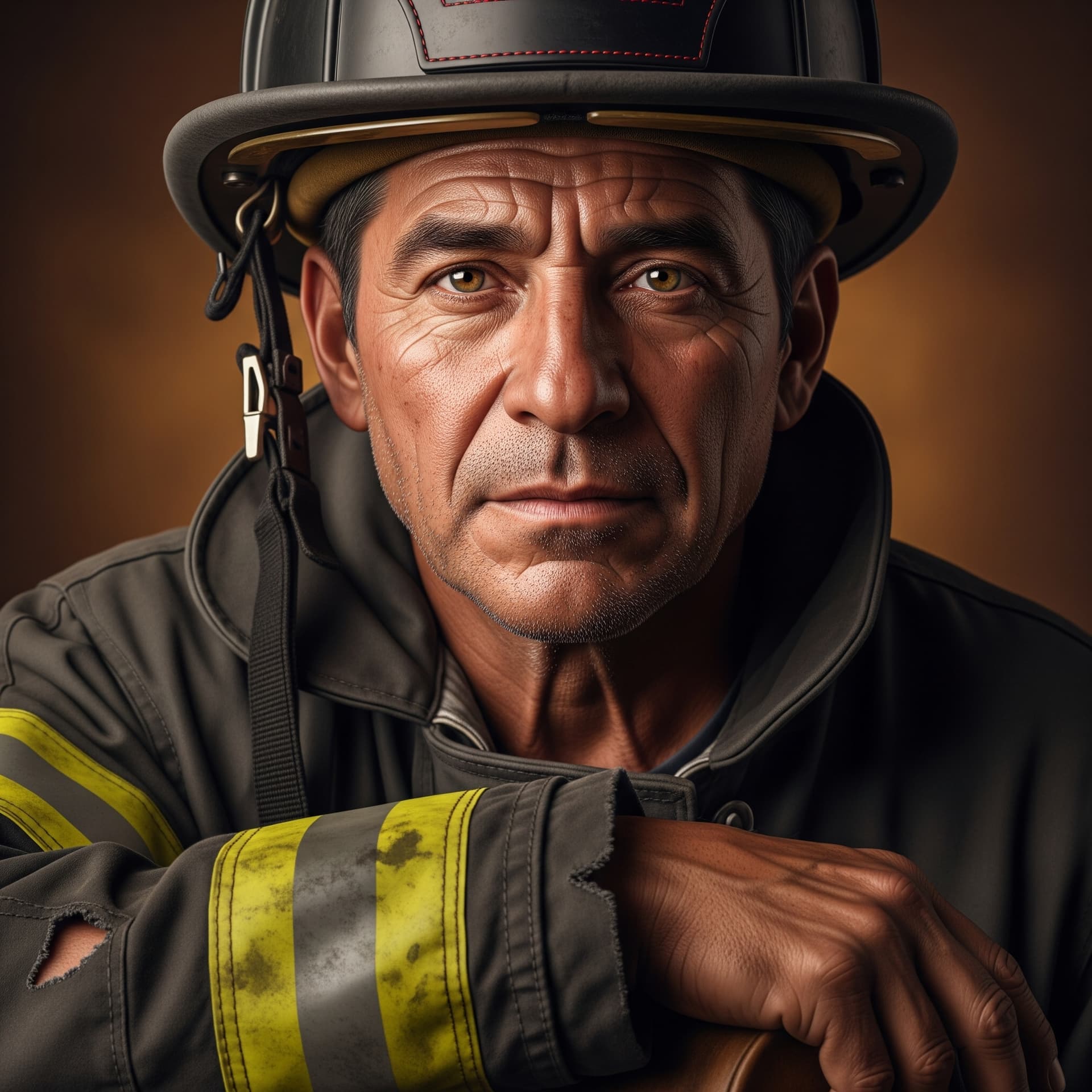 AI generated: A hyperreal portrait of a middle-aged Hispanic man, possibly of Mexican descent, as a firefighter af...