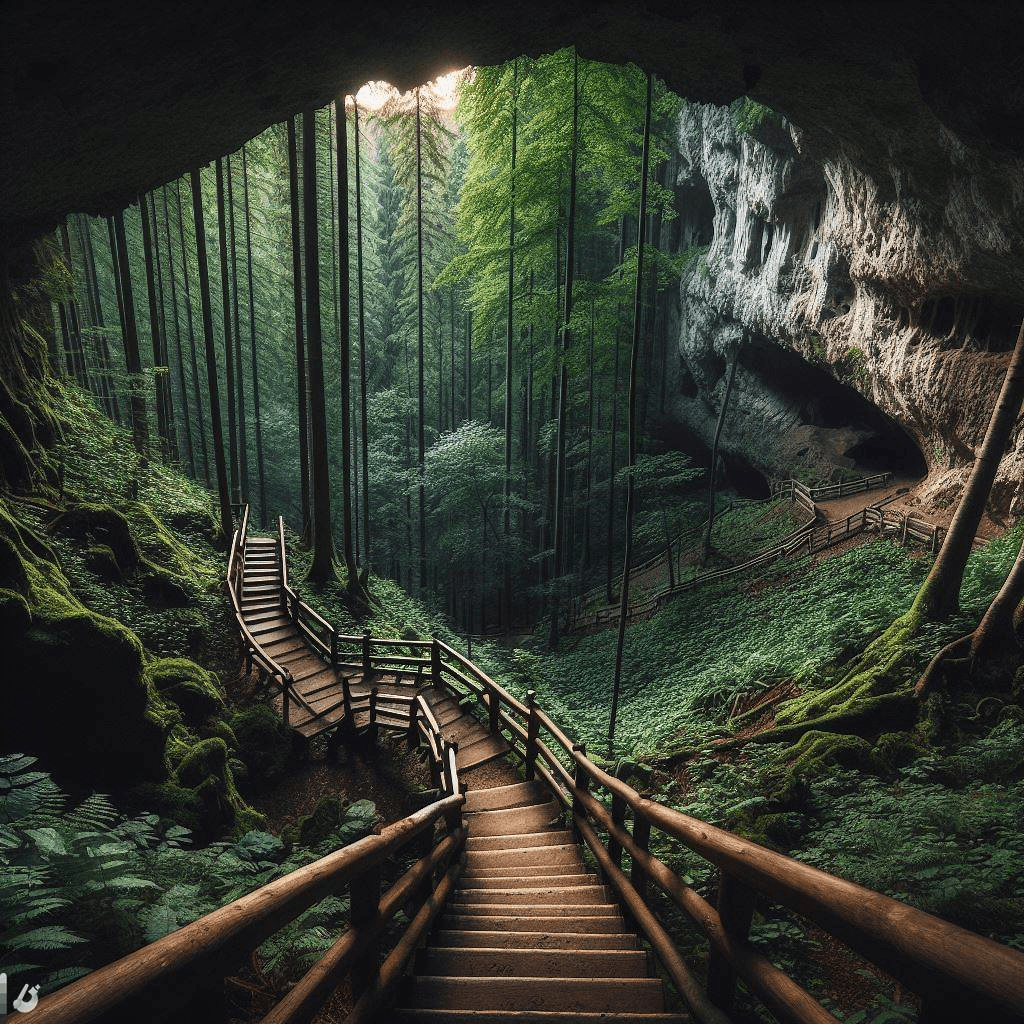 AI generated: Staircase in forest leading down to a dark cave