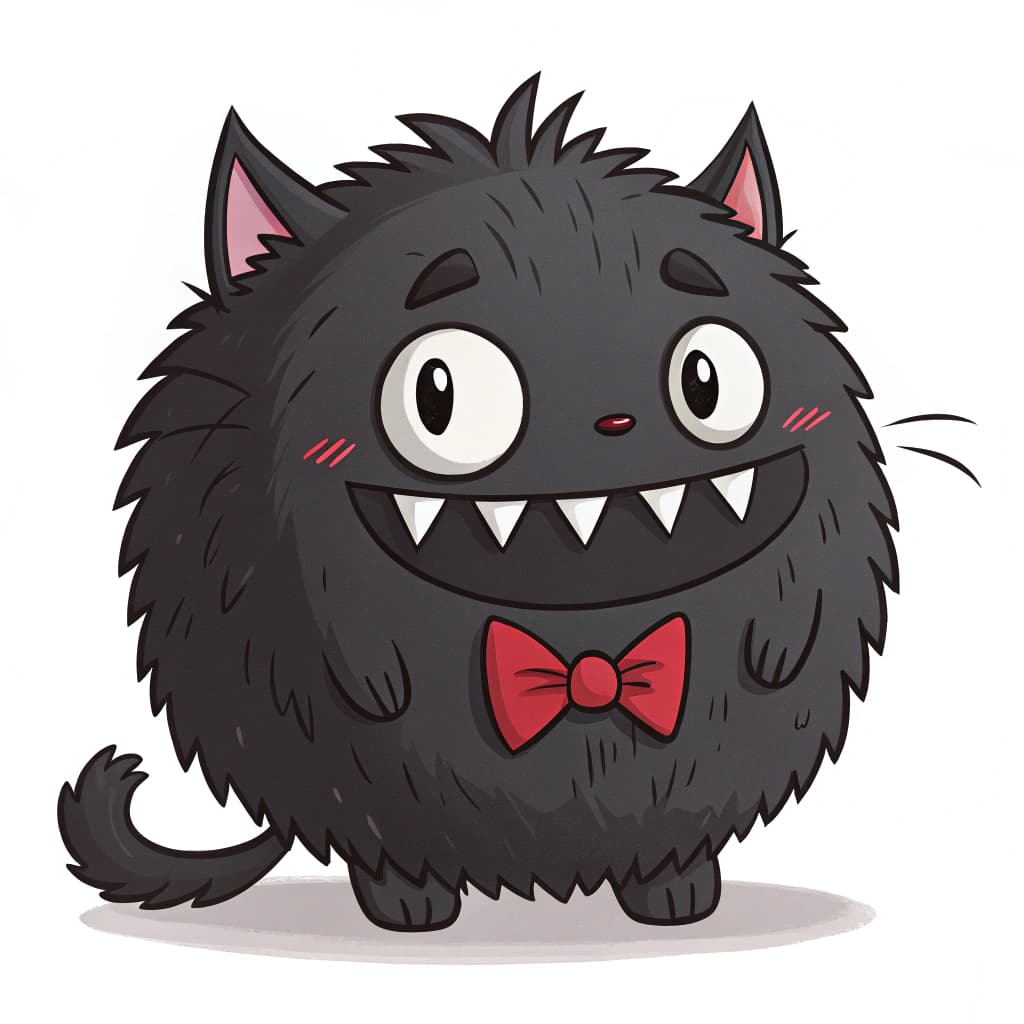 AI generated: Cute but cursed chibi monster concept, round black fluffy cat-like creature, tiny red bowtie, innoce...