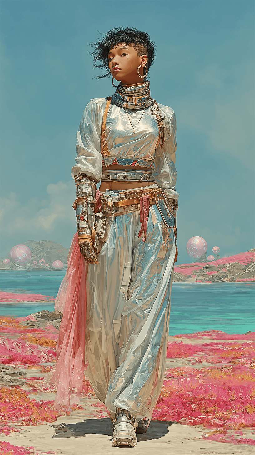 AI generated: Full-length portrait of a French woman in an astropunk style, standing confidently on a futuristic b...