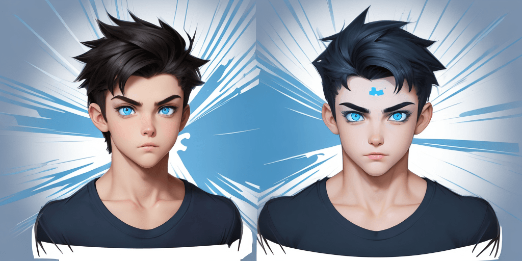 AI generated: sticker of cute boy like cartoon heroes, blue eyes, detailed eyes, with dark hair wearing design tsh...