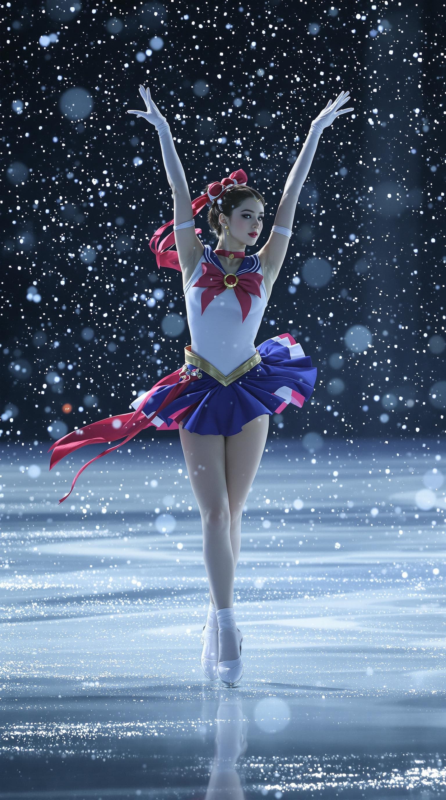 AI generated: Full length shot (FLS) of Sailor Moon ice dance,  beautiful japan girl face, captured with master-le...
