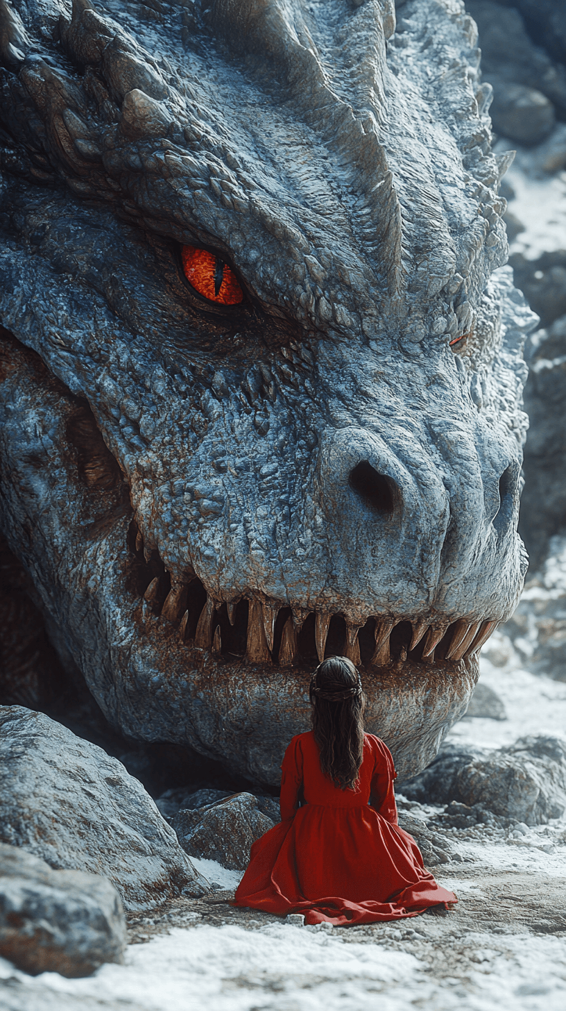 AI generated: A young girl in a red dress, sitting on the ground next to an enormous dragon with huge teeth and ey...