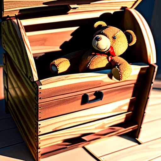 AI generated: view from 1 meter away of a large wooden toy box with one small sad teddy bear inside. high detail.