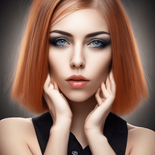 AI generated: a women with straight short hair , perfect jawline, dark orange eyes