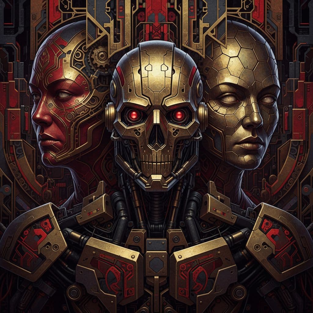 AI generated: robot & men 2 beta 1 3 3 0, in the style of illusory wallpaper portraits, colorful realism, modular,...