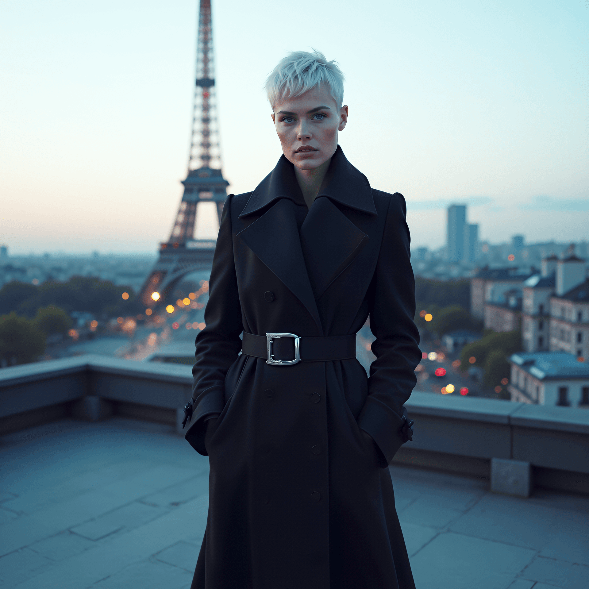 AI generated: ultra-realistic 8K RAW photo of a chic 23-year-old French model with short platinum blonde pixie cut...