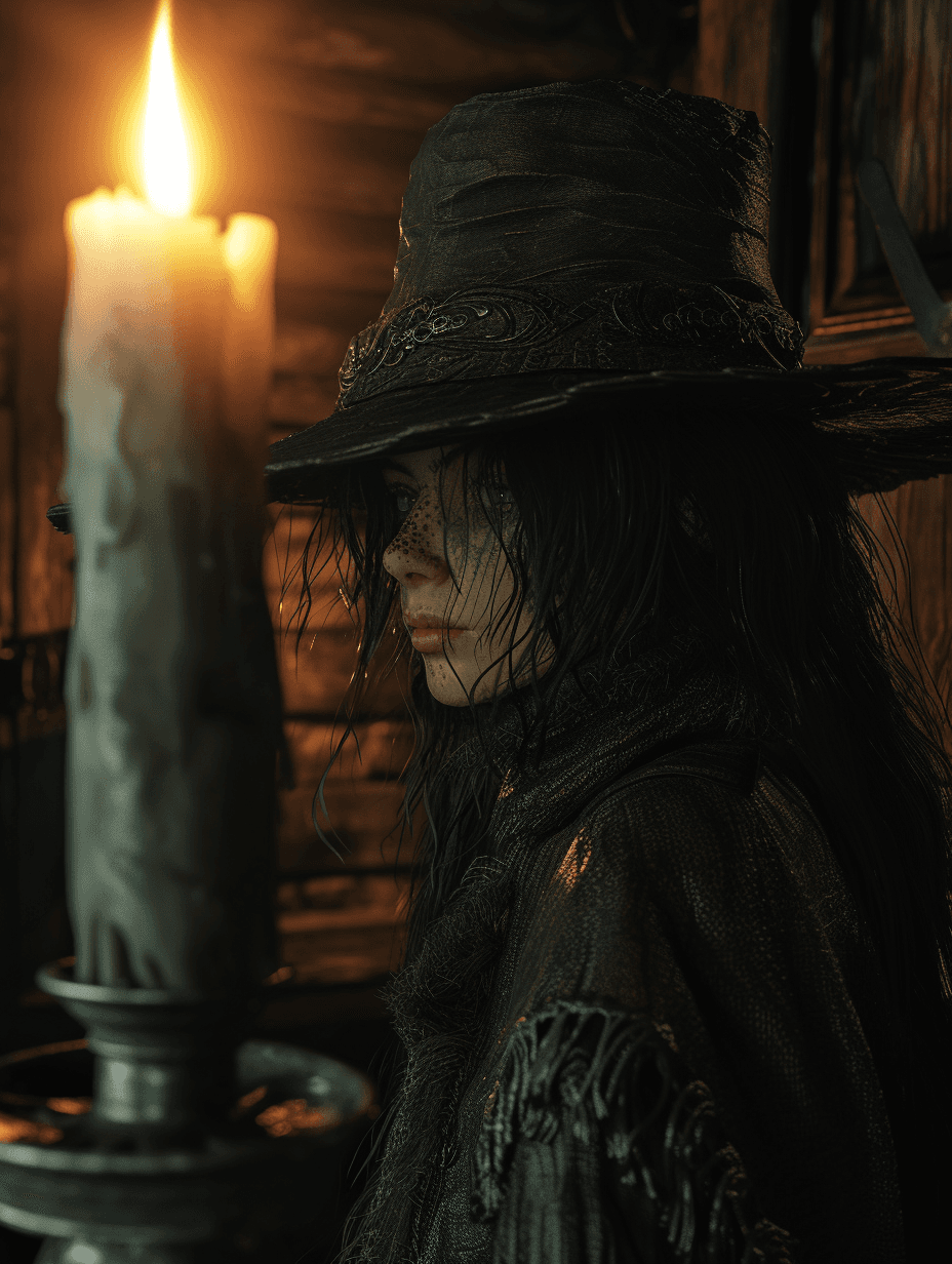 AI generated: a woman in a hat and heavy black hat in front of a candle in an old house, in the style of devilcore...