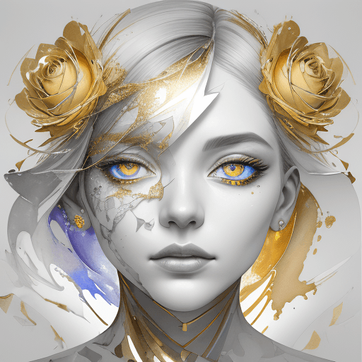 AI generated: Ultra detailed artistic abstract photography of woman's face (geometrical), golden, white roses, det...